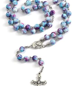 Rosary Beads Catholic for Woman, Handmade Imitation Blue Purple Pearl Rosary Necklace, First Communion Gifts for Girls Catholic, Wall Crosses Christian Gifts Catholic Gifts