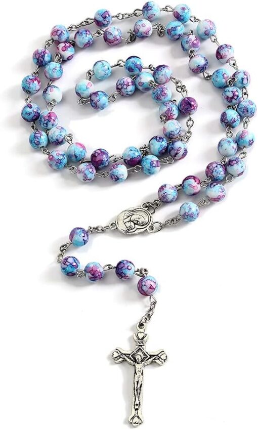 Rosary Beads Catholic for Woman, Handmade Imitation Blue Purple Pearl Rosary Necklace, First Communion Gifts for Girls Catholic, Wall Crosses Christian Gifts Catholic Gifts