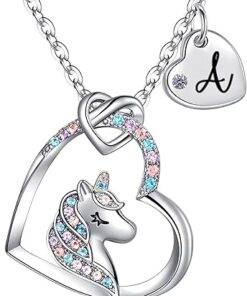 Rucher Unicorn Necklace for Girls, Personalized Initial & Heart Necklace for Birthdays & Christmas Gifts.