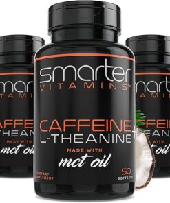 SmarterVitamins (3-Pack) 200mg Caffeine Pills with 100mg L-Theanine for Energy, Focus and Clarity + Coconut MCT Oil, Pre Workout, Nootropic Brain Booster, Extended Release Capsule