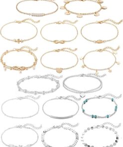 Softones 16Pcs Ankle Bracelets for Women Gold Silver Two Style Chain Beach Anklet Bracelet Jewelry Anklet Set,Adjustable Size