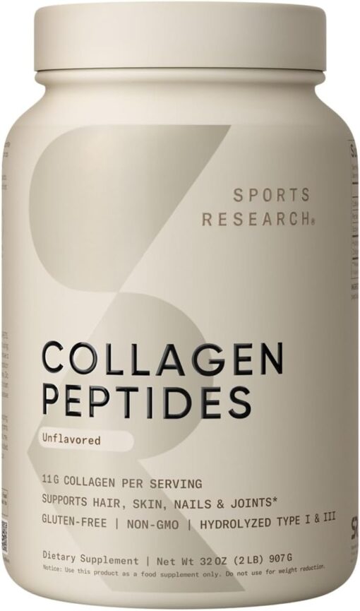 Sports Research Collagen Peptides - Hydrolyzed Type 1 & 3 Collagen Powder Protein Supplement for Healthy Skin, Nails, & Joints - Easy Mixing Vital Nutrients & Proteins, Collagen...