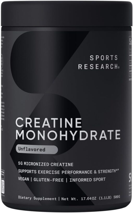 Sports Research Creatine Monohydrate - Gain Lean Muscle, Enhance Workout Recovery, Improve Muscle Performance and Supports Muscle Mass - 5 g Micronized Creatine - 1.1LBS