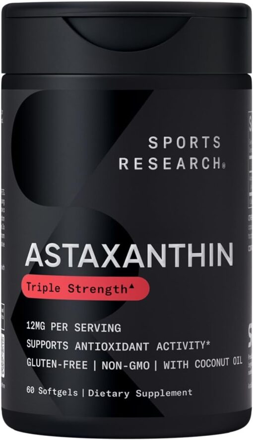 Sports Research Triple Strength Astaxanthin 12mg with Organic Coconut Oil - Antioxidant Supplement, Non-GMO Verified & Gluten Free - 60 Softgels