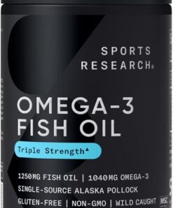 Sports Research Triple Strength Omega 3 Fish Oil - Burpless Fish Oil Supplement w/EPA & DHA Fatty Acids from Single-Source Wild Alaska Pollock - 1250 mg, 90 ct