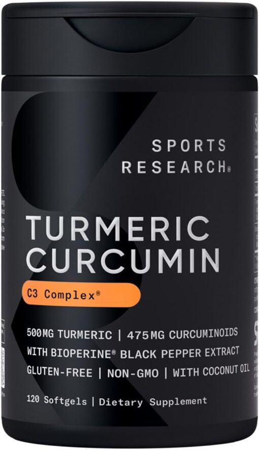 Sports Research Turmeric Curcumin C3 Complex - Softgels with Bioperine Black Pepper Extract & Organic Coconut Oil, Standardized 95% Curcuminoids - Non-GMO Verified & Gluten Free...