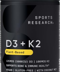 Sports Research Vitamin D3 K2 with Coconut Oil | Plant Based Vitamin K2 MK7 + Vegan D3 5000iu | Vegan Certified, Soy & Gluten Free - 60 Count Softgels