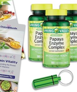 Spring Valley Papaya Enzyme Complex Chewable Tablets Dietary Supplement, 180 Ct 3 pk Choice Bundle (540 Total) - Plus Vitamin Guide and Pill Container (5 Items)!