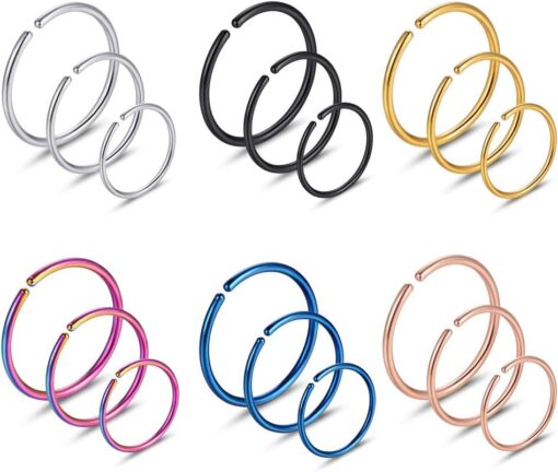 Stainless Steel Hoop Nose Ring Cartilage Ring Set 6 Color Set for Men and Women