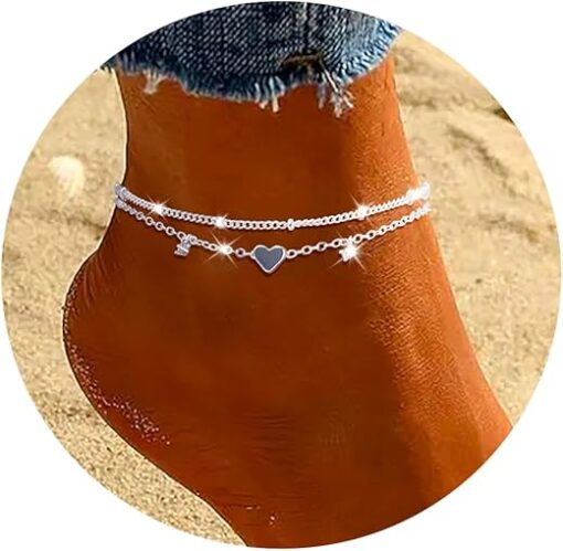 Sterling Silver Anklet Bracelets for Women Waterproof, 925 Sliver Plated CZ & Heart Charm Dainty Layer Anklets for Women Trendy, Simple Chain Anklets Set Gifts for Women,...