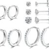 Sterling Silver Hoop Earrings | Sterling Silver Stud Earrings for Women - 6 Pairs Hypoallergenic Tiny Cubic Zirconia Stud Earrings Set & Cartilage Earring Hoops