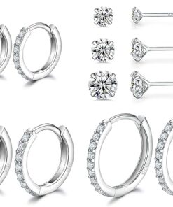 Sterling Silver Hoop Earrings | Sterling Silver Stud Earrings for Women - 6 Pairs Hypoallergenic Tiny Cubic Zirconia Stud Earrings Set & Cartilage Earring Hoops