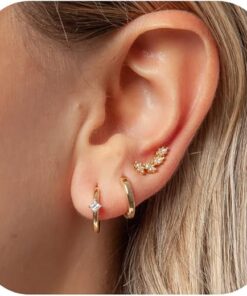 Stud Earrings for Women Dainty Gold Earrings|14k Gold Cartilage Earring Hypoallergenic|Flat Back Earring Set for Multiple Piercing Small Hoop Earrings Gift for Her