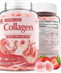 Sugar-Free Hydrolyzed Collagen Peptide Filled Gummies,Extra Strength 1500mg Protein Type I,II,III,V,X with 5000mcg Biotin Vitamin C A E D3 B6 B12 for Immune Digestion Skin Hair...