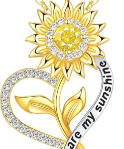 Sunflower Necklace for Women Gifts for Wife 18K Gold Plated 925 Sterling Silver You Are My Sunshine Necklaces for Girlfriend Heart Pendant Jewelry for Mom on Mother’s Day...