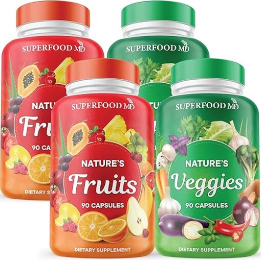 Superfood 180 Fruit and 180 Veggie Capsules -100% Whole Natural Superfood - Maintain Energy Levels, High Lycopene - Grown and Made in The USA (90 Count (Pack of 4)