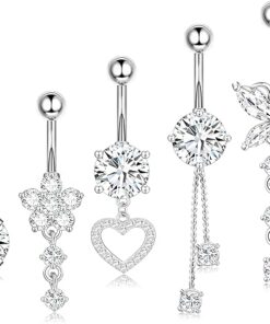 Surgical Stainless Steel Dangle Belly Button Rings for Women Belly Ring Dangling Piercing Jewelry with Heart Flower Butterfly Silver Gold Tone 14G