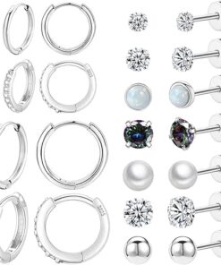 Surgical Steel Flat Back Earrings Set for Multiple Piercing Sensitive Ears,Sterling Silver Hypoallergenic Small Cartilage Huggie Hoop Earrings Titanium Tiny CZ Pearl Opal Stud...