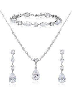 SWEETV Bridal Jewelry Set for Wedding, Cubic Zirconia Necklace Dangle Drop Earrings Bracelet Set, Teardrop Marquise Brides Bridesmaids Wedding Prom Anniversary Jewelry Gifts for...