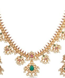 TARINIKA Gold-plated Brass Premal Antique Indian Jewelry Necklace Set for Women | Indian traditional | 1-Year Warranty | CZ Stones(White,Red,Green), Metal