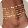 TEWIKY Waterproof Ankle Bracelets for Women, 14K Real Gold Filled Anklets for Women 6PCS Thiny Herringbone Box Paperclip Bead Figaro Cuban Link Anklet Set Dainty Gold Jewelry...