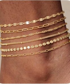 TEWIKY Waterproof Ankle Bracelets for Women, 14K Real Gold Filled Anklets for Women 6PCS Thiny Herringbone Box Paperclip Bead Figaro Cuban Link Anklet Set Dainty Gold Jewelry...