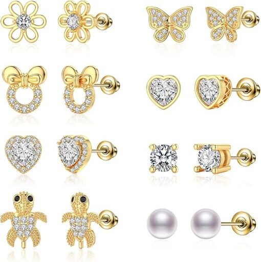 TOPBRIGHT 8 Pairs Hypoallergenic Earrings 925 Sterling Silver Stud Earrings White Heart CZ Tiny Butterfly For Kids, Toddlers, Little Girls, Teens, Women