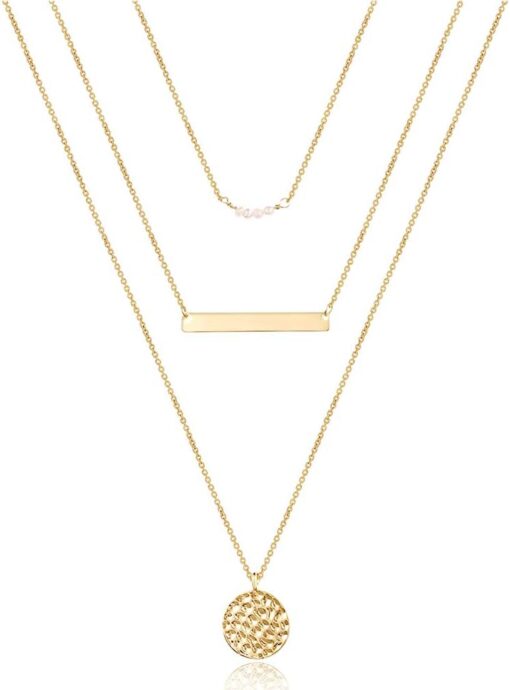 Turandoss Dainty Layered Choker Necklace, Handmade 14K Gold Plated Y Pendant Necklace Multilayer Bar Disc Necklace Adjustable Layering Choker Necklaces for Women