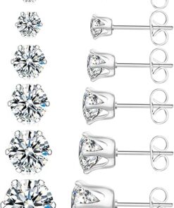 UHIBROS 6 Pairs Stainless Steel Stud Earrings Set Hypoallergenic Cubic Zirconia 14K White Gold 316L CZ Earrings