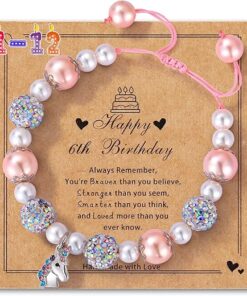 Unicorn Birthday Gifts for Girls, Back to School Adjustable Pink Pearl Bracelet Christmas Gifts for 4-12 Year Old Daughter Niece Granddaughter Teen Girls