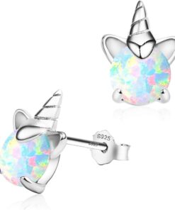 Unicorn Earrings for Girls, Hypoallergenic Fire Opal Stud Earrings ARSKRO S925 Sterling Silver with Gold Mini Tiny Cute Earring Jewelry Gifts for Kids Women