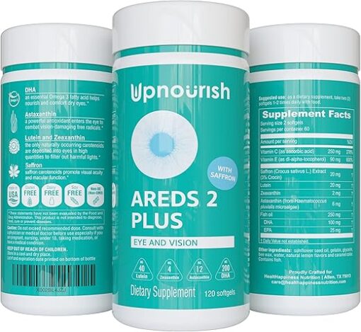 UpNourish AREDS 2+ - Advanced Eye Vitamin Supplement for Macular Health and Dry Eye - Lutein, Zeaxanthin, Saffron, Astaxanthin & DHA - Supports Eye Strain, Pressure, Night...