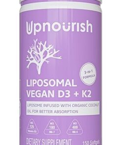 UpNourish Certified Vegan Vitamin D3 5000 IU K2 MK4 MK7 500 mcg Supplement, 150 Softgels, Plant Based Liposomal Vitamin D K with Organic Coconut Oil, Non GMO, Gluten and Gelatin...