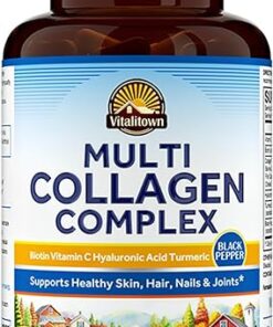 VITALITOWN Multi Collagen Complex, Type I, II, III with Biotin, Vitamin C, Hyaluronic Acid, Turmeric, Black Pepper for Skin, Hair, Nails & Joints, 90 Capsules, Non-GMO