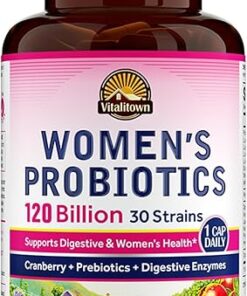 VITALITOWN Probiotics for Women 120 Billion CFUs, 30 Strains, with Prebiotics & Digestive Enzymes & Cranberry, Gut & Vaginal Health, Vegan 30 Delayed Release Caps