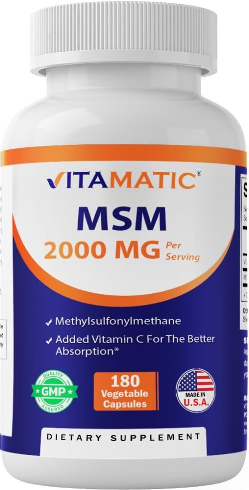 Vitamatic MSM 2000 mg with Vitamin C 75mg per Serving - 180 Veg Capsules - Vitamin C Aid in better absopriton of MSM (Methylsulfonylmethane) - Non-GMO & Gluten Free