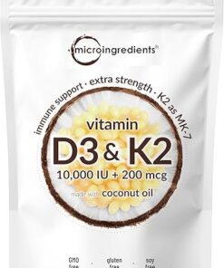 Vitamin D3 10000 iu Plus K2 (MK-7) 200 mcg, 300 Virgin Coconut Oil Softgels| 2 in 1 Vitamins D & K Complex | Supports Calcium Absorption, Bone, Immune, & Heart Health – Easy to...