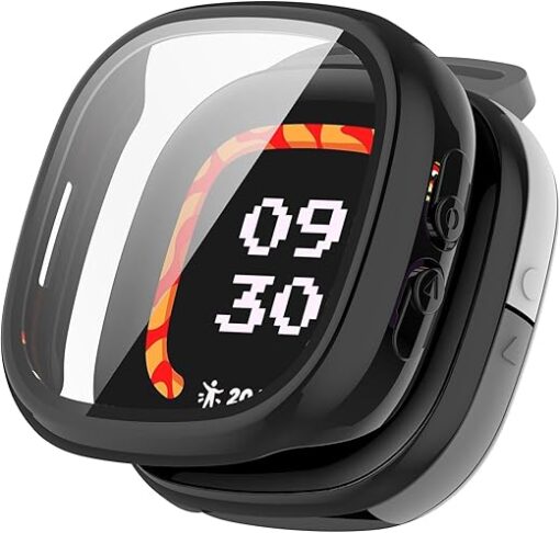 Waterproof Hard Case with Tempered Glass Compatible for Fitbit Ace LTE, Ultra-Thin Durable Protective Cover for Google Fitbit Ace LTE Kids Smartwatch Screen Protector (Black)