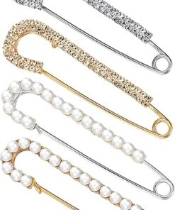 Women Brooch Pins Sweater Shawl Clips Faux Crystal Pearl Brooches Safety Pins Dress Shirt Clips for Women Gold Silver (4 Pieces)