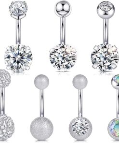 Wssxc 14G Hypoallergenic Surgical Steel Belly Button Ring Cubic Zirconia Belly Button Barbs Body Piercing Set 7Pcs