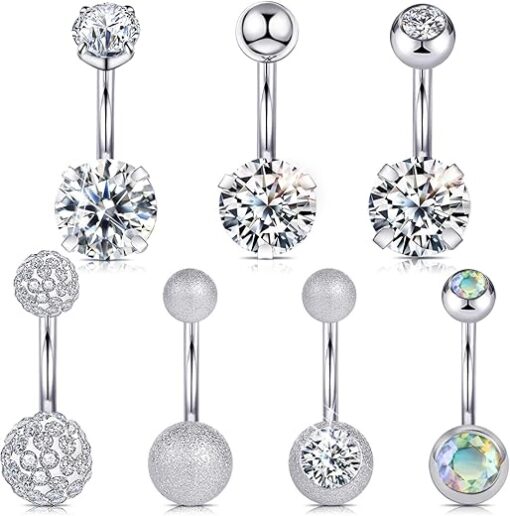 Wssxc 14G Hypoallergenic Surgical Steel Belly Button Ring Cubic Zirconia Belly Button Barbs Body Piercing Set 7Pcs