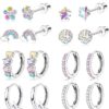 YADOCA 10 Pairs Hypoallergenic Screw Back Earrings For Girls Women Surgical Steel Small Huggie Hoop Earrings Cute CZ Butterfly Star Dangle Hoop Earrings 20G Screwback Stud...