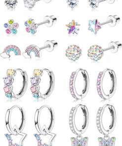 YADOCA 10 Pairs Hypoallergenic Screw Back Earrings For Girls Women Surgical Steel Small Huggie Hoop Earrings Cute CZ Butterfly Star Dangle Hoop Earrings 20G Screwback Stud...