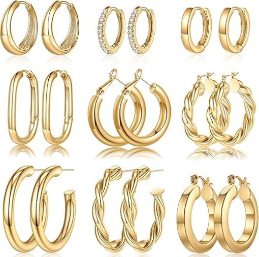 Yesteel 9 Pairs Gold Hoop Earrings for Women, 925 Sterling Silver Post 14K Real Gold Plated Chunky Hoop Earrings Set for Women Hypoallergenic Thick Lightweight Hoop Earrings for...