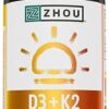 Zhou Nutrition Vitamin D3 K2, Bone and Heart Health Formula 5000 IU Vitamin D3 & 90 mcg Vitamin K2, Max Strength 2 in 1 Immune Support and Calcium Absorption, Gluten Free, 60 Count