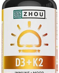 Zhou Nutrition Vitamin D3 K2, Bone and Heart Health Formula 5000 IU Vitamin D3 & 90 mcg Vitamin K2, Max Strength 2 in 1 Immune Support and Calcium Absorption, Gluten Free, 60 Count