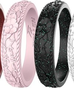 Zollen Silicone Wedding Rings for Women 1/4/7 Packs -Stackable Silicone Rubber Wedding Bands - Innovative Flower & Vine Collection