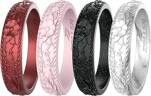 Zollen Silicone Wedding Rings for Women 1/4/7 Packs -Stackable Silicone Rubber Wedding Bands - Innovative Flower & Vine Collection